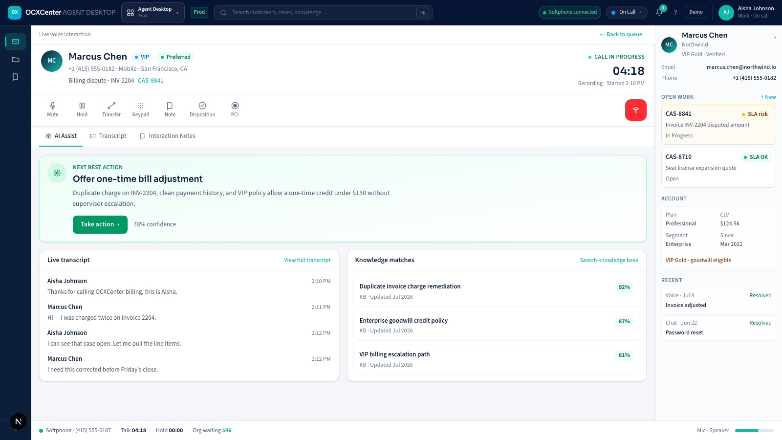 OCXCenter Agent Desktop — active call with softphone and AI Assist