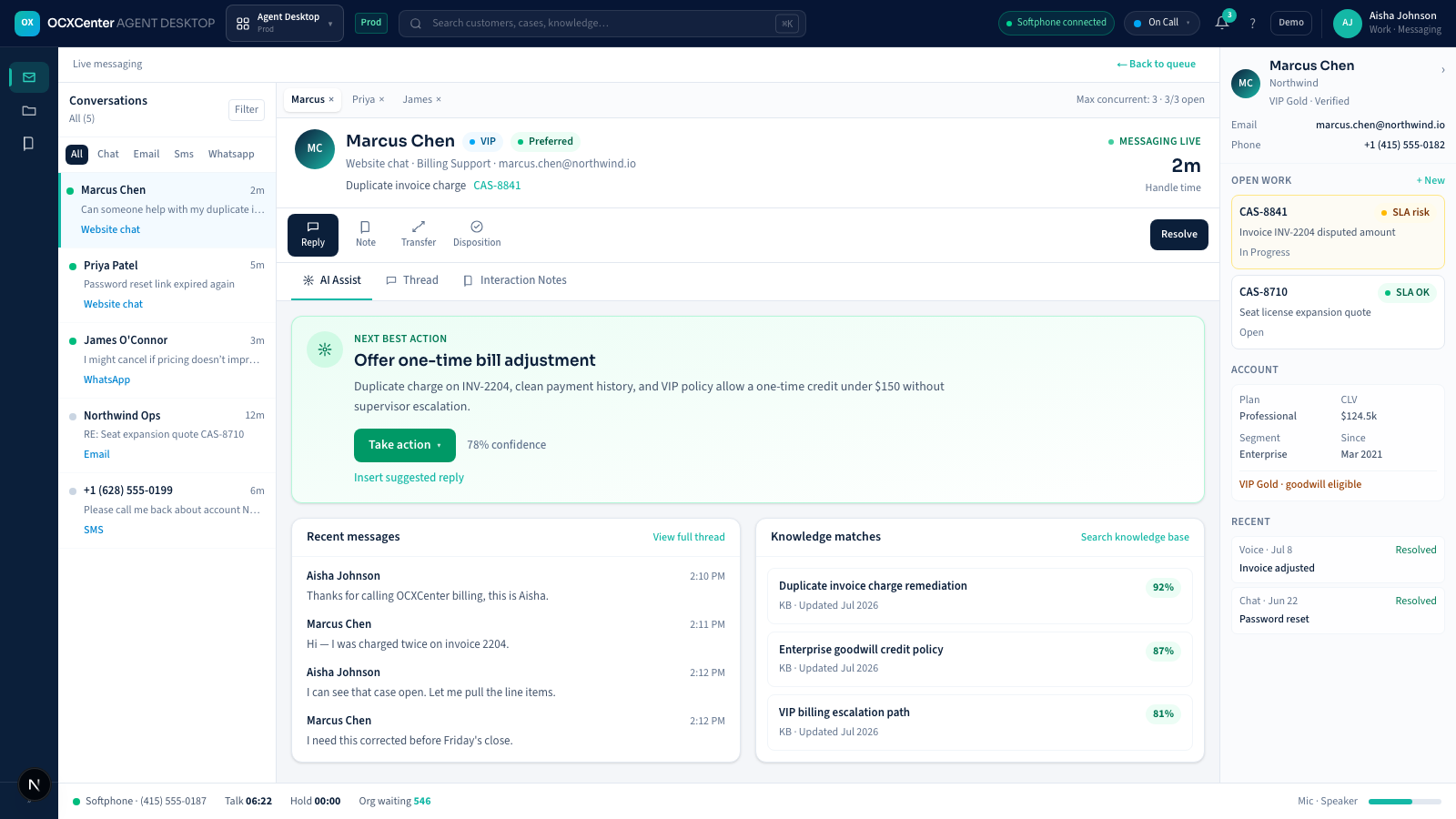 Chat interaction with AI Assist panel and next-best-action