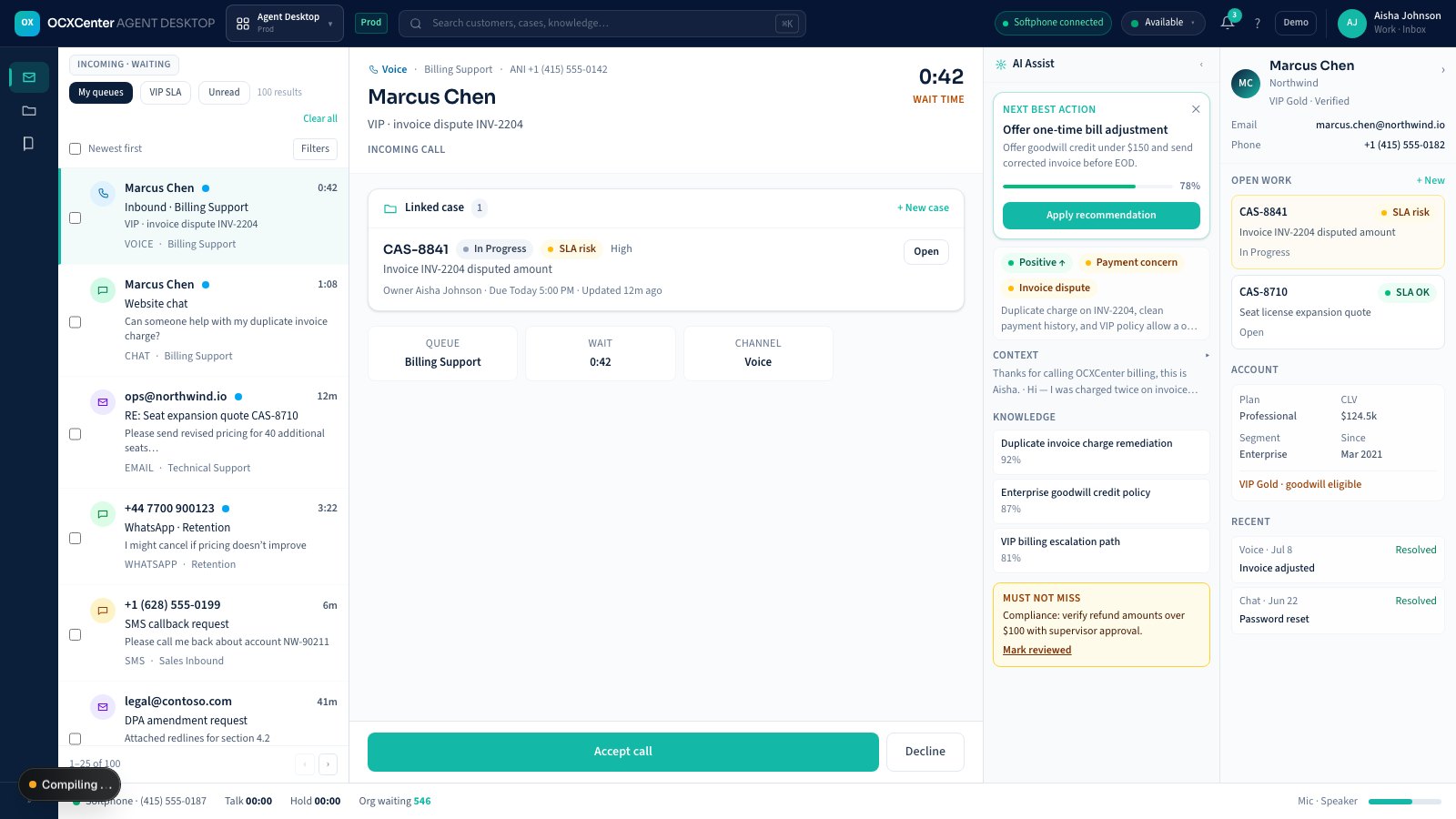 Omnichannel inbox with queue preview and linked cases